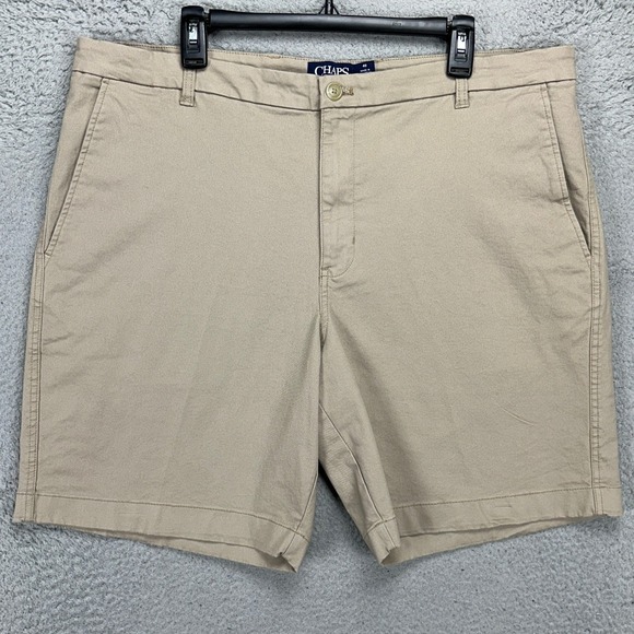 Chaps Mens Khakis Shorts 40 Beige Chino Flat Front Stretch Pockets Outdoor Logo